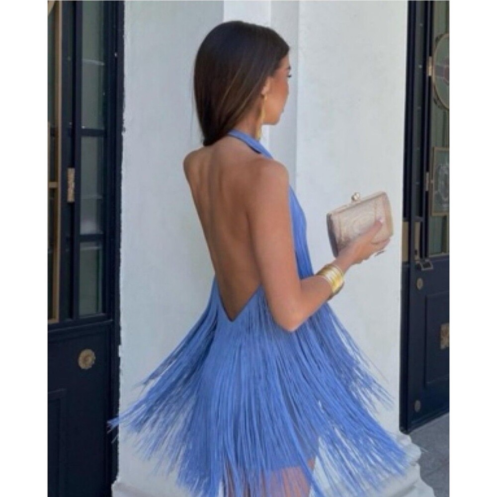 ZARA Halter Fringe Dress Size L Blue New WITH TAG! - Picture 2 of 8